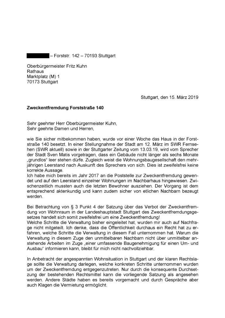 Nachbar der besetzten Forststraße 140 schreibt Brief an die Stadt und erhält keine Antwort
